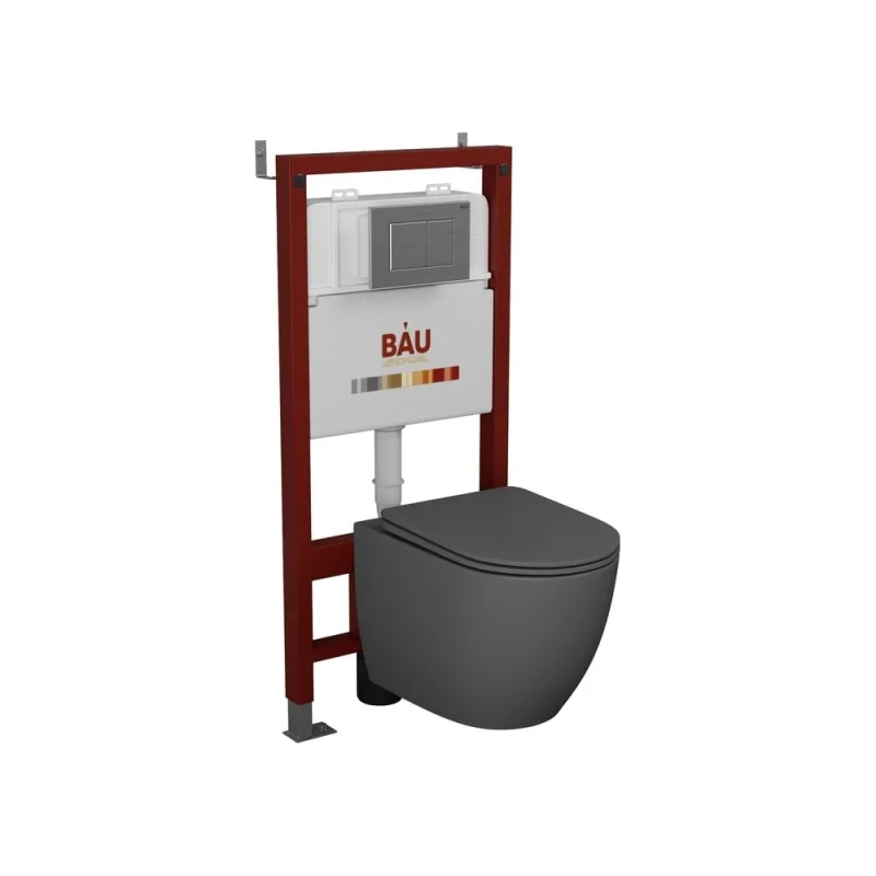 Комплект Bauedge BAU 6 в 1: инсталляция BAU PRO, унитаз подвесной безободковый Bau Dream 49,5x36, сиденье дюропласт микролифт, темно-серый матовый, клавиша BAU Stil сатин Q111300-BL0001-DG-Q00009