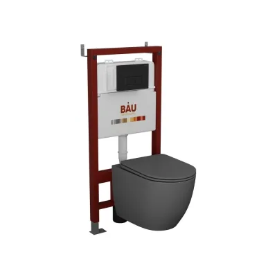 Комплект Bauedge BAU 6 в 1: инсталляция BAU PRO, унитаз подвесной безободковый Bau Dream 49,5x36, сиденье дюропласт микролифт, темно-серый матовый, клавиша BAU Hotel, черная матовая Q111300-BL0001-DG-Q00008