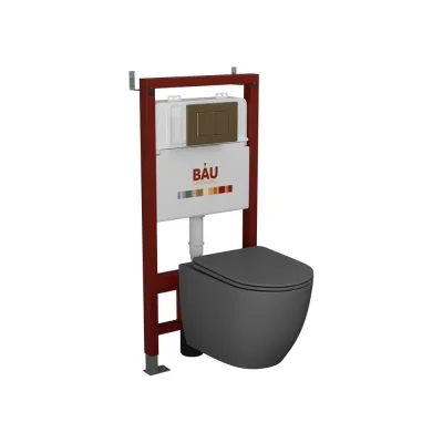Комплект Bauedge BAU 6 в 1: инсталляция BAU PRO, унитаз подвесной безободковый Bau Dream 49,5x36, сиденье дюропласт микролифт, темно-серый матовый, клавиша BAU Stil, бронза Q111300-BL0001-DG-Q00012