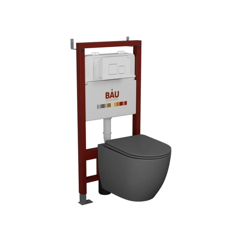 Комплект Bauedge BAU 6 в 1: инсталляция BAU PRO, унитаз подвесной безободковый Bau Dream 49,5x36, сиденье дюропласт микролифт, темно-серый матовый, клавиша BAU Soul, белая Q111300-BL0001-DG-Q00014