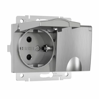 Розетка двойная Werkel встраиваемая серебряная рифленая с заземлением со шторками с крышкой (a057288)