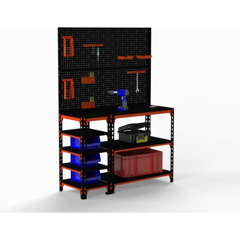 Стол-верстак Metalex 950x1700x400 мм с боковыми полками, двумя перфопанелями и комплектом аксессуаров, оранжево-черный ООО Металекс 111035