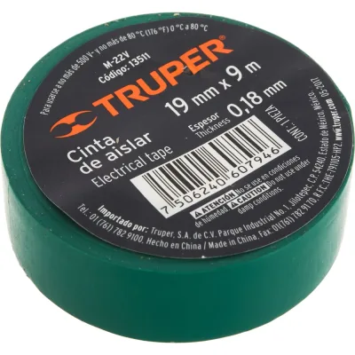 Изолента Truper акрил, 9 м, ширина 19 мм, зеленая M-22V 13511