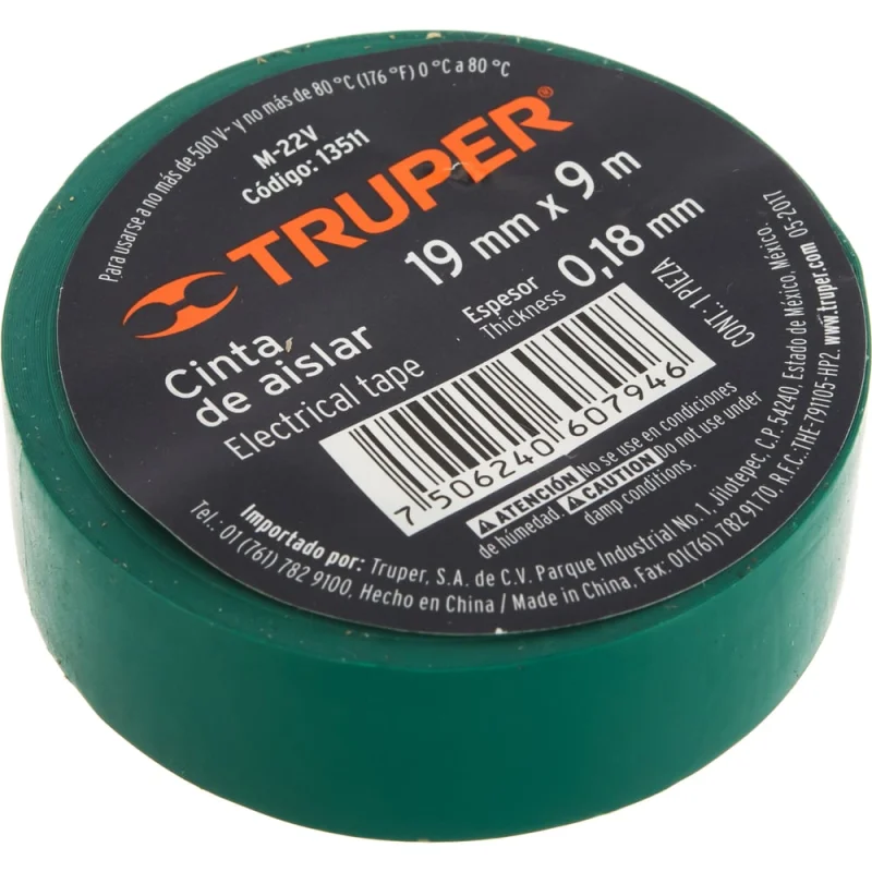 Изолента Truper акрил, 9 м, ширина 19 мм, зеленая M-22V 13511
