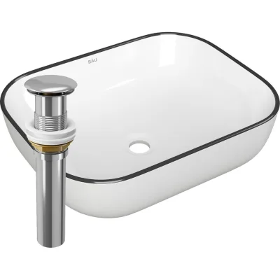 Раковина прямоугольная накладная Bauedge BAU Stil 50x40, белая, черный кант + выпуск клик-клак, хром BH1133