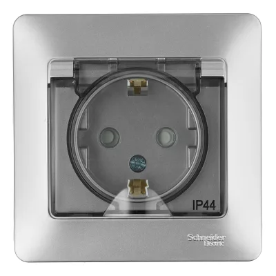 Розетка Systeme Electric Glossa встраиваемая алюминий с заземлением со шторками с крышкой (GSL000348)