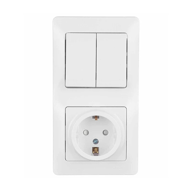 Блок выключатель и розетка Systeme Electric Glossa двухклавишный встраиваемый белый со шторками (GSL000174)