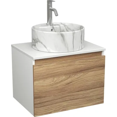 Комплект Bauedge тумба Bau Dream Blackwood 60, 1 ящик, раковина круглая накладная BAU Element D41, мрамор, смеситель Hotel Dream, нерж. сталь BD2958
