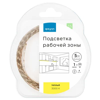 Лента светодиодная Apeyron 3000К 8 Вт/м 12 В IP20 SMD 2835 5 м (35ПРЗ)