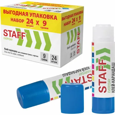 Клей-карандаш Staff 9 г, выгодная упаковка, комплект 24 шт., EVERYDAY, 273016