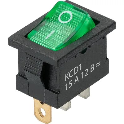 Выключатель клавишный TDM ELECTRIC KCD1-101N 12В AC/DC, 1P, 15А, (3с), ON-OFF, черный корпус, зеленая клавиша, LED подсветка, Mini TDМ SQ0746-0134