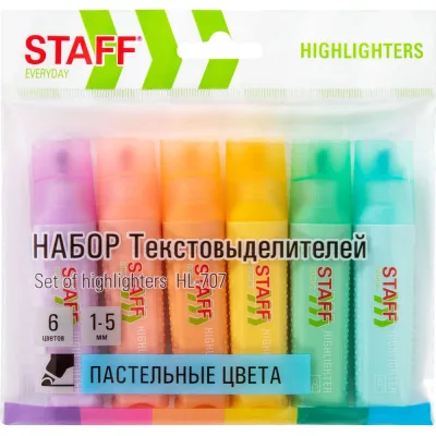 Набор текстовыделителей 6 ПАСТЕЛЬНЫХ ЦВЕТОВ, EVERYDAY HL-707, линия 1-5 мм, Staff 152551