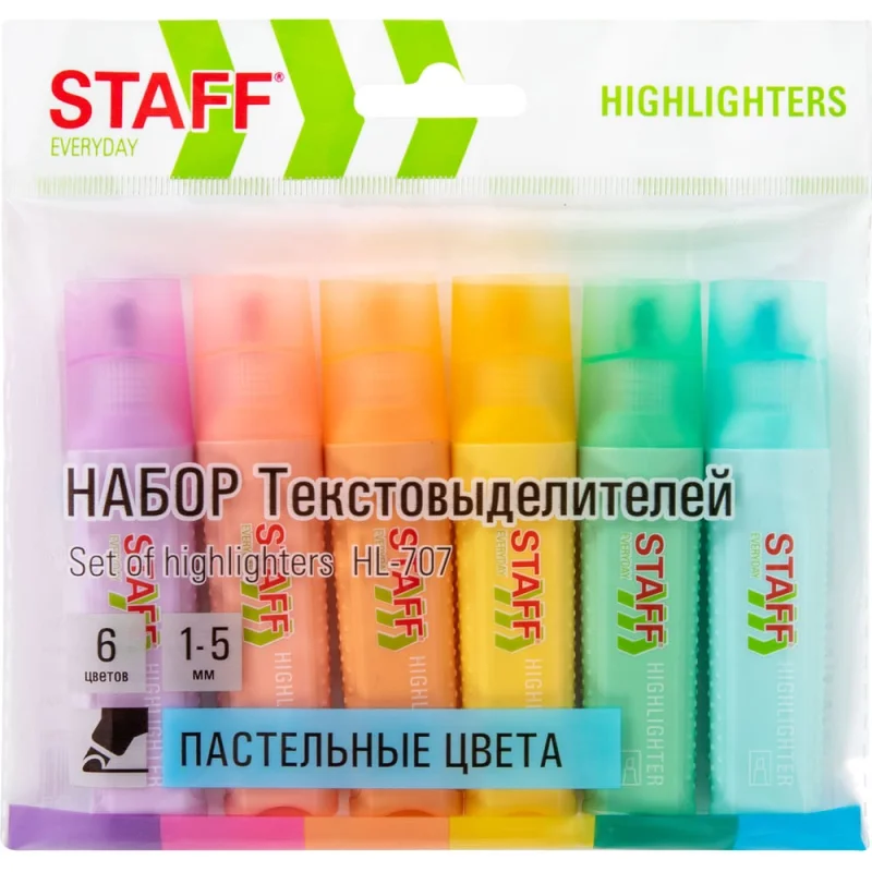 Набор текстовыделителей 6 ПАСТЕЛЬНЫХ ЦВЕТОВ, EVERYDAY HL-707, линия 1-5 мм, Staff 152551