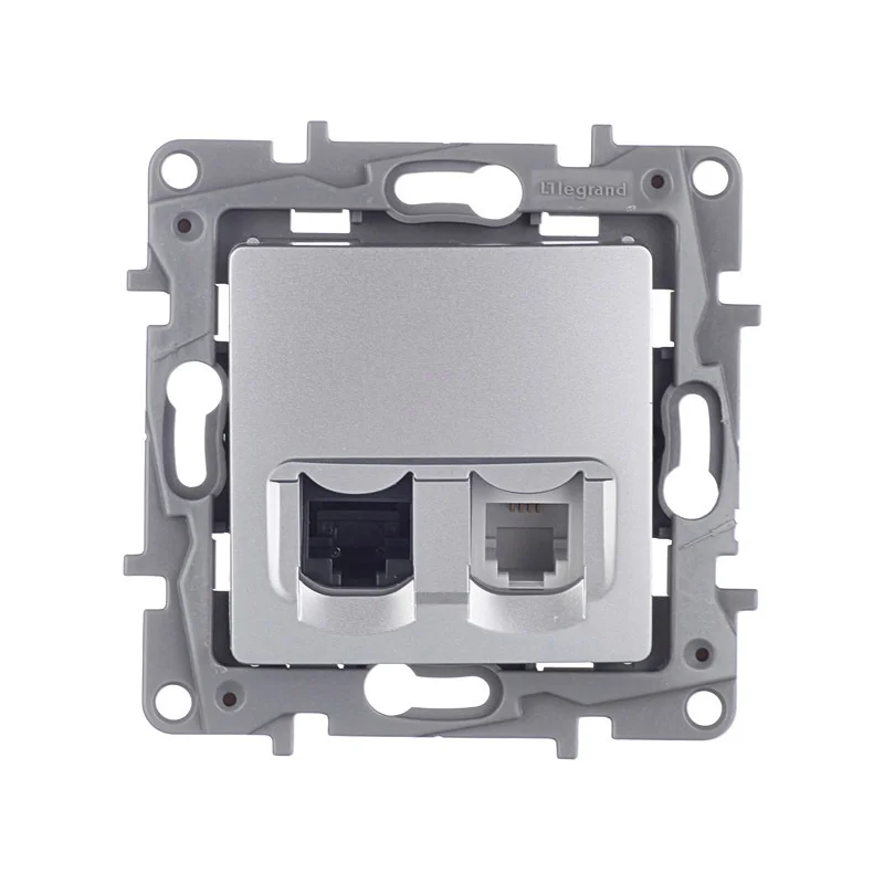 Розетка компьютерная/ телефонная Legrand Etika встраиваемая алюминий RJ11/ RJ45 (672452)