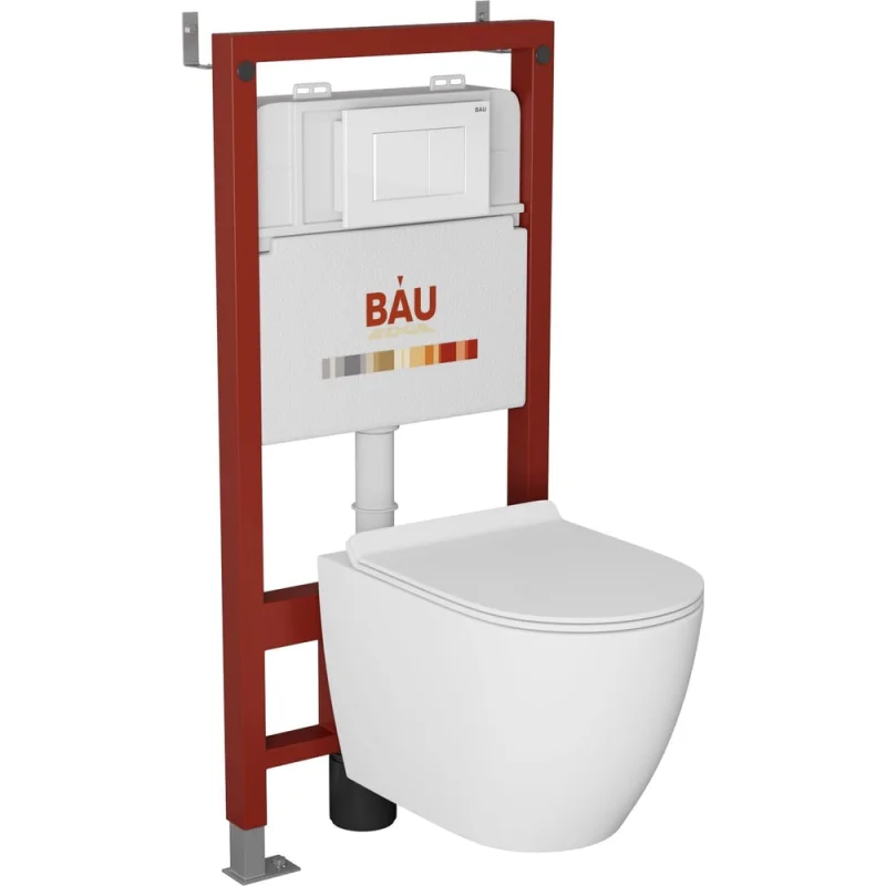 Комплект Bauedge BAU 6 в 1: инсталляция BAU PRO, унитаз подвесной безободковый Bau Dream 49,5x36, сиденье дюропласт микролифт, клавиша BAU Stil, белый глянец Q111300-BL0001-Q00001
