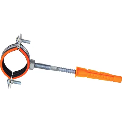 Трубный металлический хомут HUMALT М8 (20-24) 1/2", с гайкой, шпилькой-шурупом и дюбелем 007040101
