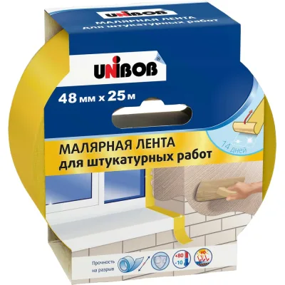Лента клейкая малярная Unibob для штукатурных работ, 48 мм × 25 м, желтая 90008