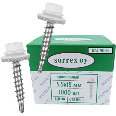 Саморезы кровельные со сверлом SORREX по металлу, оцинкованные, RAL9003 5,5x19 окрашенные, с пресс-шайбой, для профнастила и металлочерепицы, 1000 шт. KRS-R9003-055-019