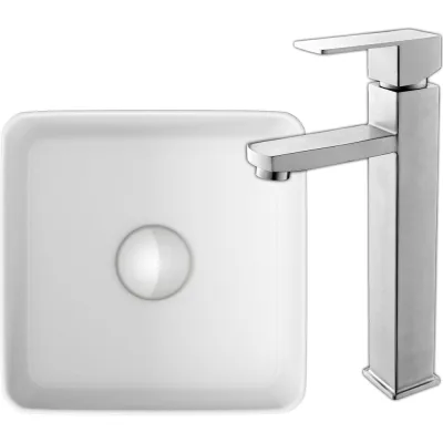Раковина накладная со смесителем Bauedge BAU Mini (квадратная 24x24 белая + смеситель для раковины высокий Hotel Still, нержавеющая сталь) BH1065