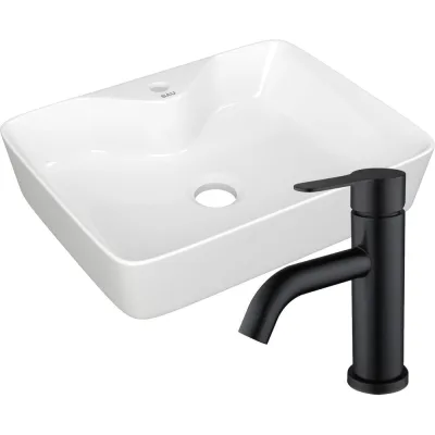 Раковина для ванной накладная прямоугольная Bauedge BAU Cerama 48x37, белая + смеситель Dream Black, черный BH1236
