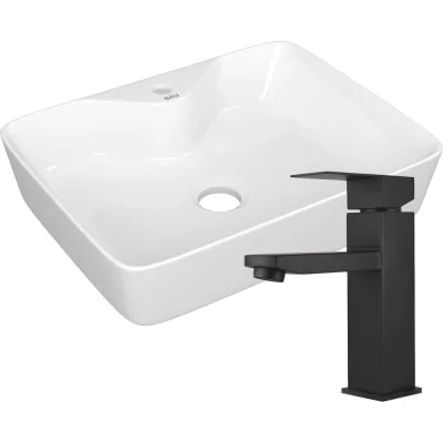 Раковина для ванной накладная прямоугольная Bauedge BAU Cerama 48x37, с отверстием под смеситель, белая + смеситель Hotel Black, черный BH1234