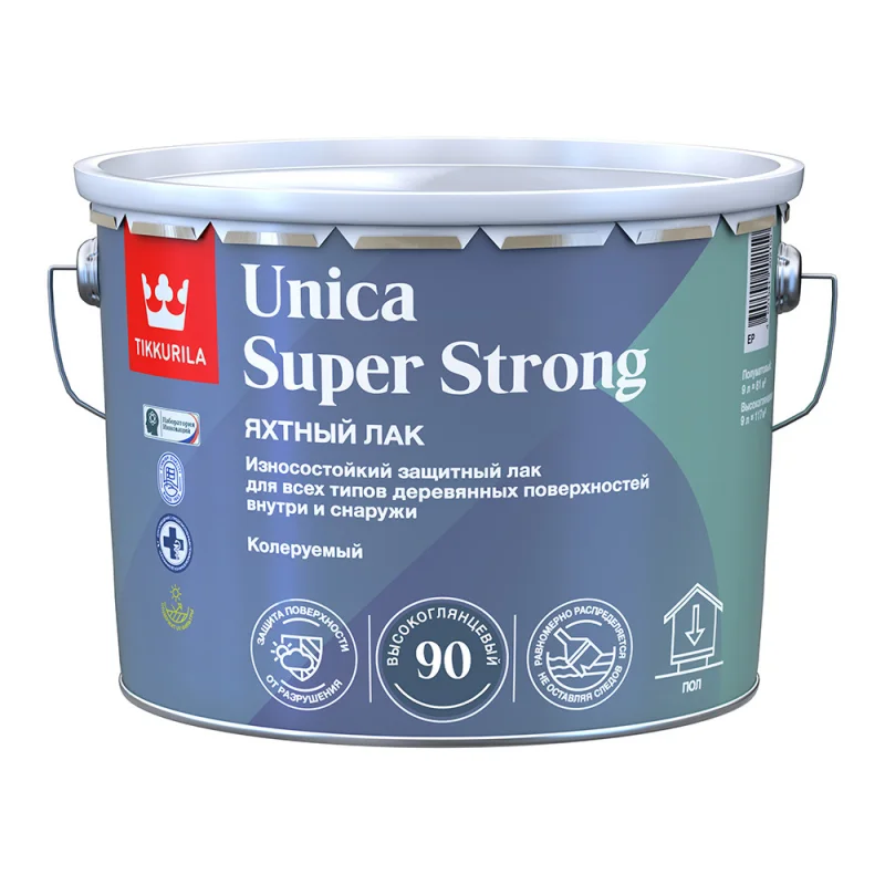 Лак алкидно-уретановый яхтный Tikkurila Unica Super Strong основа EP бесцветный 9 л высокоглянцевый