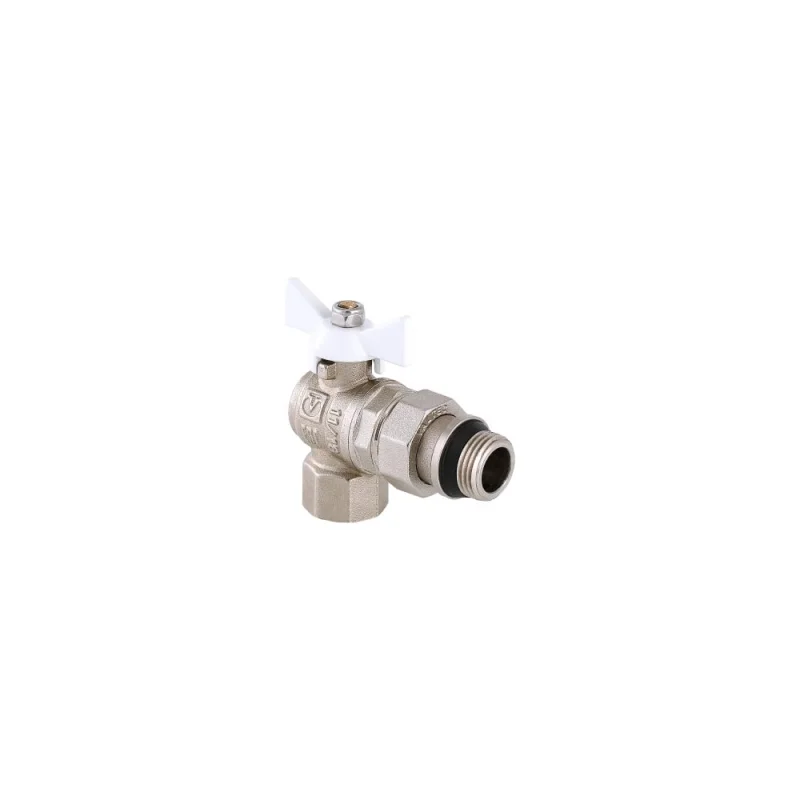 Шаровый кран VALTEC BASE угловой с полусгоном, 1/2 внутренняя-наружная, с дополнительным уплотнением, белая рукоятка VT.228.NRW.04