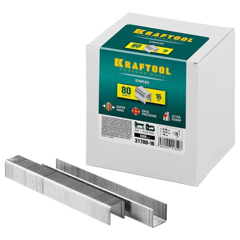 Скобы для степлера KRAFTOOL тип 21GA (80/Pr A/Senco AT) 16мм, 5000 шт, 31780-16