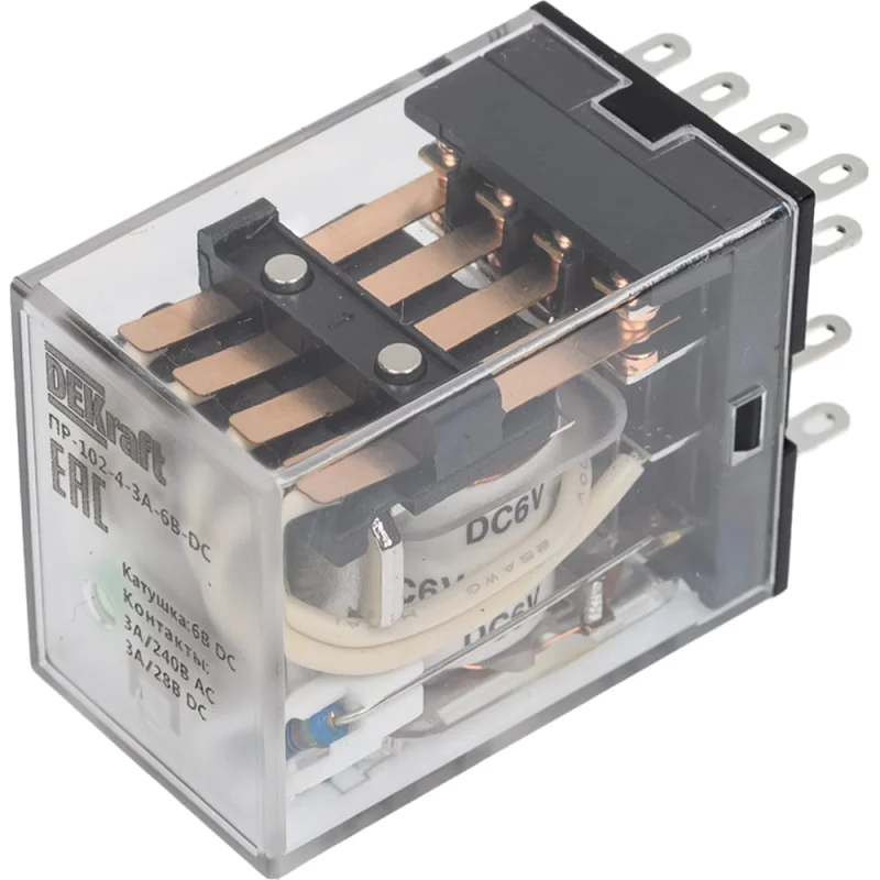 Промежуточное реле Dekraft ПР-102, 4 конт., LED, 3 А, 6 В, тип DC 23800DEK