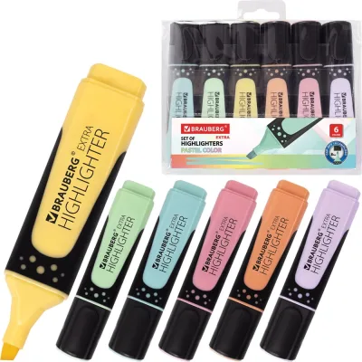 Текстовыделители BRAUBERG SUPER PASTEL набор 6 шт, ассорти, прорезиненный корпус 1-5 мм, 151757