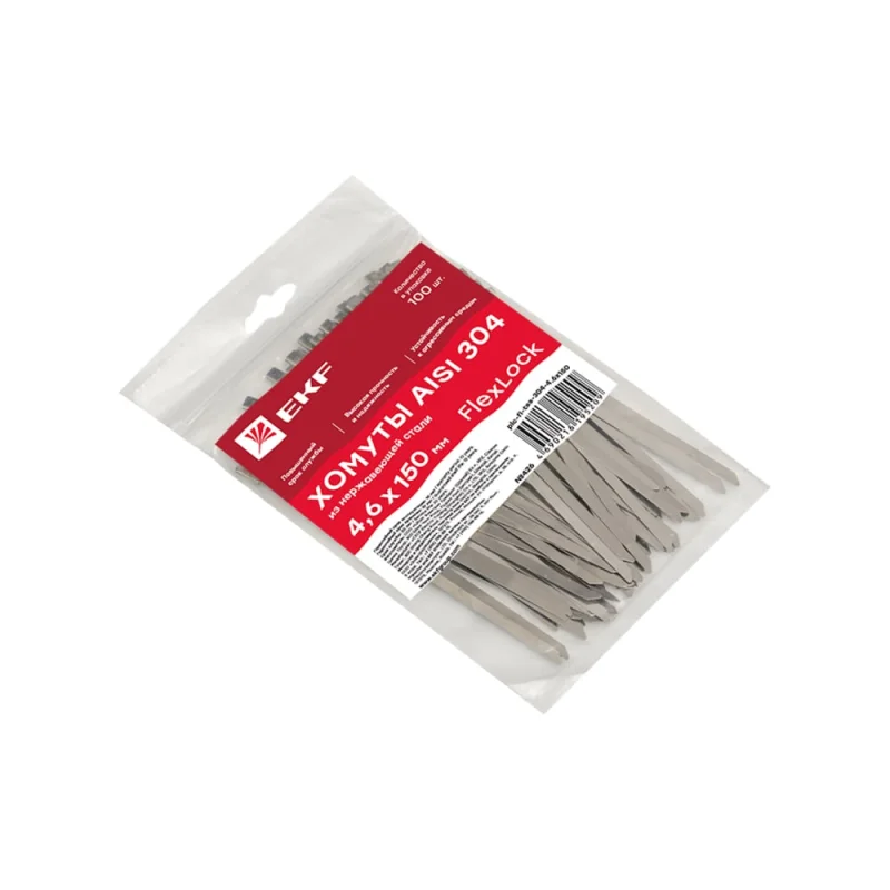 Хомут EKF AISI 304 из нержавеющей стали, 4.6x150 100 шт., FlexLock plc-fl-tss-304-4.6x150