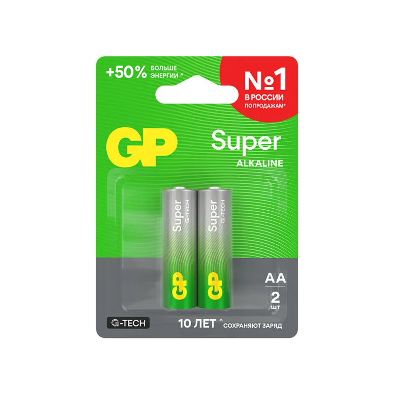 Батарейка GP Batteries Super Алкалин AA пальчиковая LR6 1,5 В (2 шт.) (GP 15AA21-2CRSBC2)