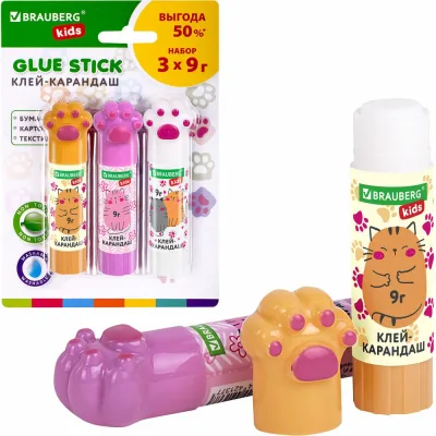 Клей-карандаш BRAUBERG Лапки Cat Paw, 9 г, фигурный колпачок, 3 шт на блистере, Kids 271982