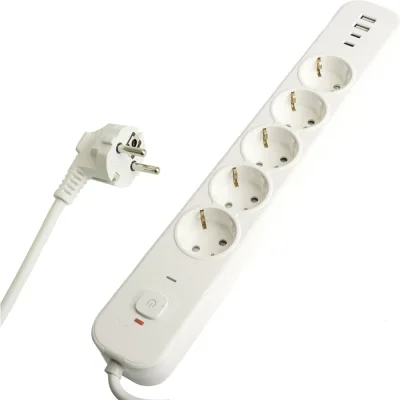 Сетевой фильтр STEKKER 5-местный с/з 3x1мм2, 3 м, 250В, 16А, 2 USB-A+2 Type-C 3, серия Nova, белый, 50103