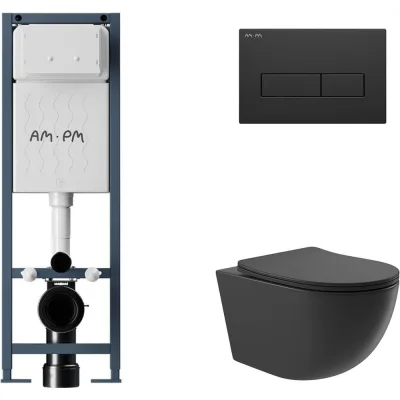 Комплект AM.PM I012711.0338 ErgoFit инсталляция для подвес унитаза с клавишей ErgoFit M пластик, черный матовый + Унитаз подвесной 525*360 безободковый, сиденье Soft-Close, черный матовый, форма овал I012711.0338O0140