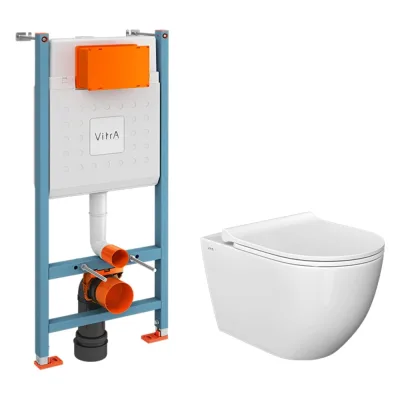 Комплект Vitra L-Box Mia Round SmoothFlush подвесной безободковый унитаз с тонким сиденьем с микролифтом, инсталляцией, без клавиши смыва 9873B003-7205
