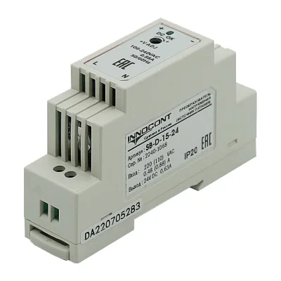 Блок питания INNOCONT -10 +50С, IP20, вход: 220VAC, 0.48А, выход: 15W, 24VDC, 0.63A, типы защиты: КЗ, перегрузка, перенапряжение SB-D-15-24