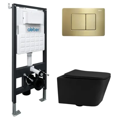 Комплект подвесной унитаз ABBER Rechteck AC1201MB черный матовый с инсталляцией AC0105 и кнопкой AC0120MMG золото матовое