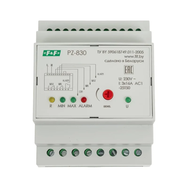 Трехуровневое реле уровня жидкости Евроавтоматика F&F PZ-830 (без датчиков) контроль аварийного уровня, 4 модуля, монтаж на DIN-рейке EA08.001.010