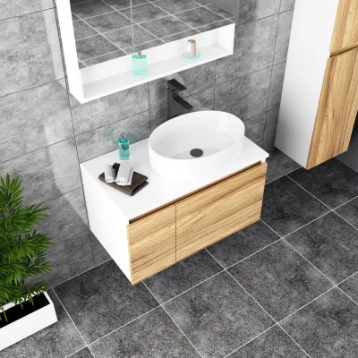 Комплект для ванной Bauedge 3 предмета (тумба Bau Dream Blackwood 80, раковина BAU Nimb 50x36, смеситель для раковины высокий Hotel Black, черный) BD1578