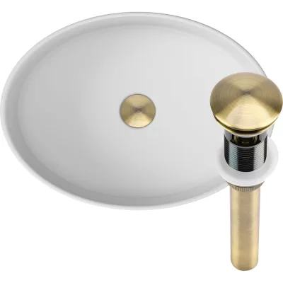 Раковина накладная на столешницу Bauedge BAU Nimb овальная 50x36, белая, выпуск клик клак, бронза BH1075