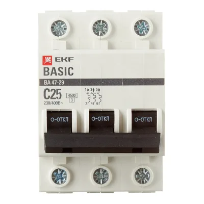 Автоматический выключатель модульный EKF Basic ВА 47-29 3P 25А тип C 4,5 кА 400 В (mcb4729-3-25C)