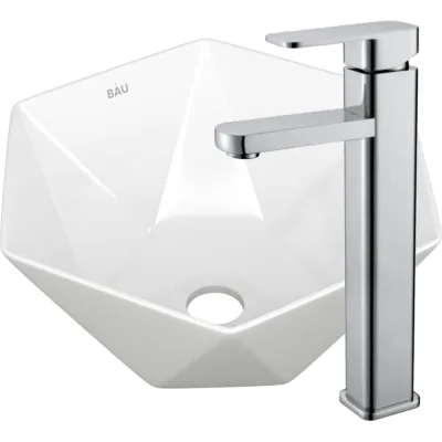 Раковина накладная на столешницу со смесителем Bauedge BAU Crystal (40x40, белая + смеситель Hotel Still, нержавеющая сталь) BH1189