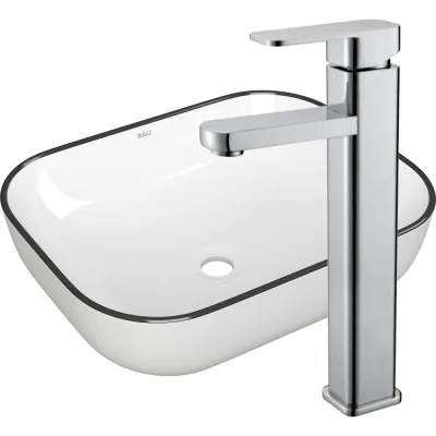 Раковина накладная прямоугольная со смесителем Bauedge BAU Stil (50x40, белая, черный кант + смеситель Hotel Still, нержавеющая сталь) BH1129