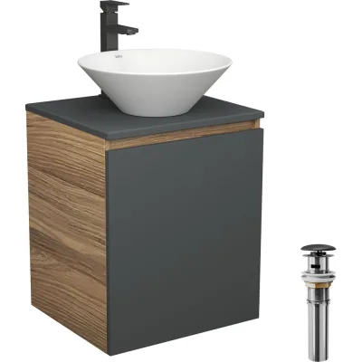 Тумба Bauedge Bau Dream Blackwood 50 графит, раковина BAU Dream D43, смеситель для раковины высокий Hotel Black, черный, выпуск клик-клак, черный SD4072