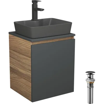 Тумба Bauedge Bau Dream Blackwood 50 графит, раковина BAU Cerama 48х37 темно-серая матовая, смеситель Hotel Black, черный, выпуск клик-клак черный SD4189