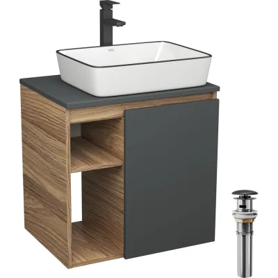 Тумба Bauedge Bau Dream Blackwood 60 правая, графит, раковина BAU Hotel Black Rand 48х37, смеситель для раковины высокий Hotel Black черный, выпуск клик клак черный SD4251