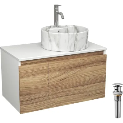 Комплект Bauedge тумба Bau Dream Blackwood 80, раковина круглая накладная BAU Element D41, мрамор, смеситель Hotel Dream, нерж. сталь, выпуск клик клак хром BD2980