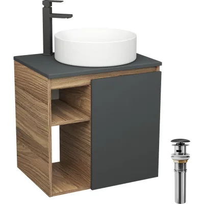 Тумба Bauedge Bau Dream Blackwood 60 правая, графит, раковина BAU Dream круглая D41, смеситель для раковины высокий Hotel Black, черный, выпуск клик клак черный SD4242