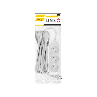Бытовой удлинитель LINZO 3 метра, 3 розетки, без заземления, ПВС 2x0,75, 10А, max 2500Вт, 250В, белый 10-3-3M